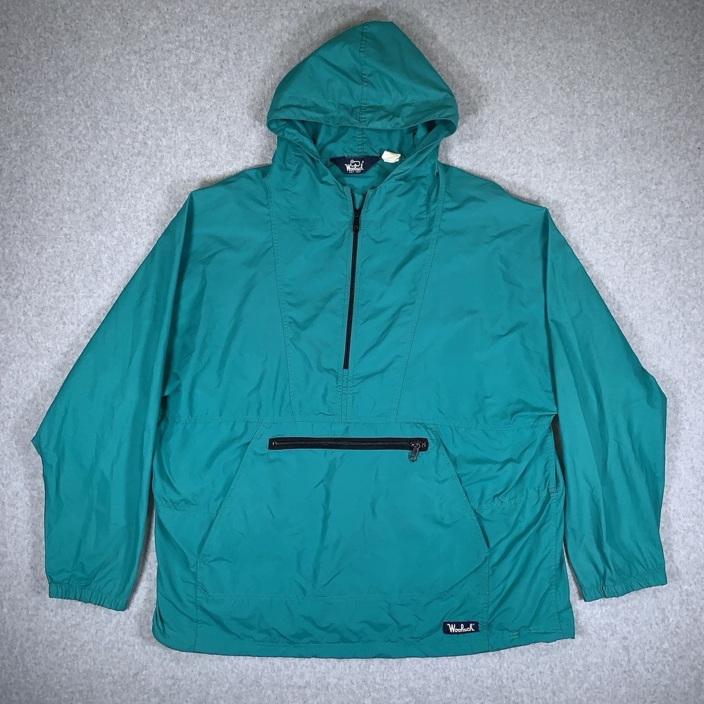 Woolrich Anorak Jacket Mens XL Teal Green Vintage Half Zip Hooded Windbreaker